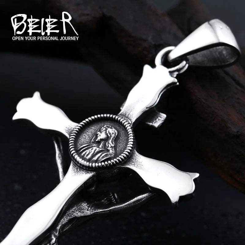 Beier 2022 New Fashion 316L Stainless Steel Jesus cross Pendant Necklace Christian Hip Hop Rock Jewelry Wholesale