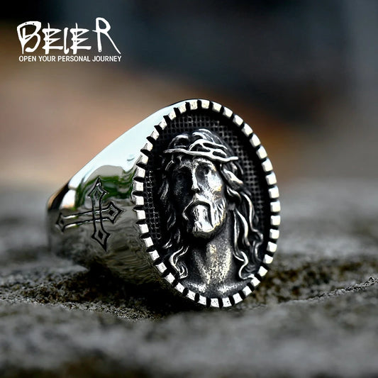 BEIER 2022 New Creative Design Jesus Ring Religious Men's Cross Ring Prayer Christian Jewelry Wholesale Dropshipping