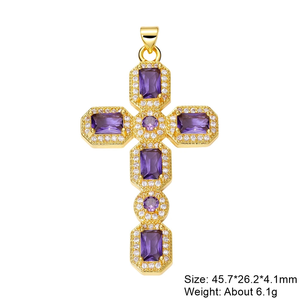Juya DIY Religious Jewelry Supplies Handmade Colorful Cubic Zirconia 18K Real Gold Plated Saint Christian Cross Charms Wholesale