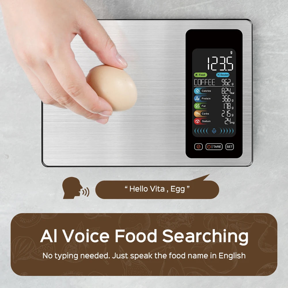 New AI Digital Smart Kitchen Scale 5kg/11lb USB Charge Stainless Steel Food Nutritional Calories Scale Voice Recognition Food