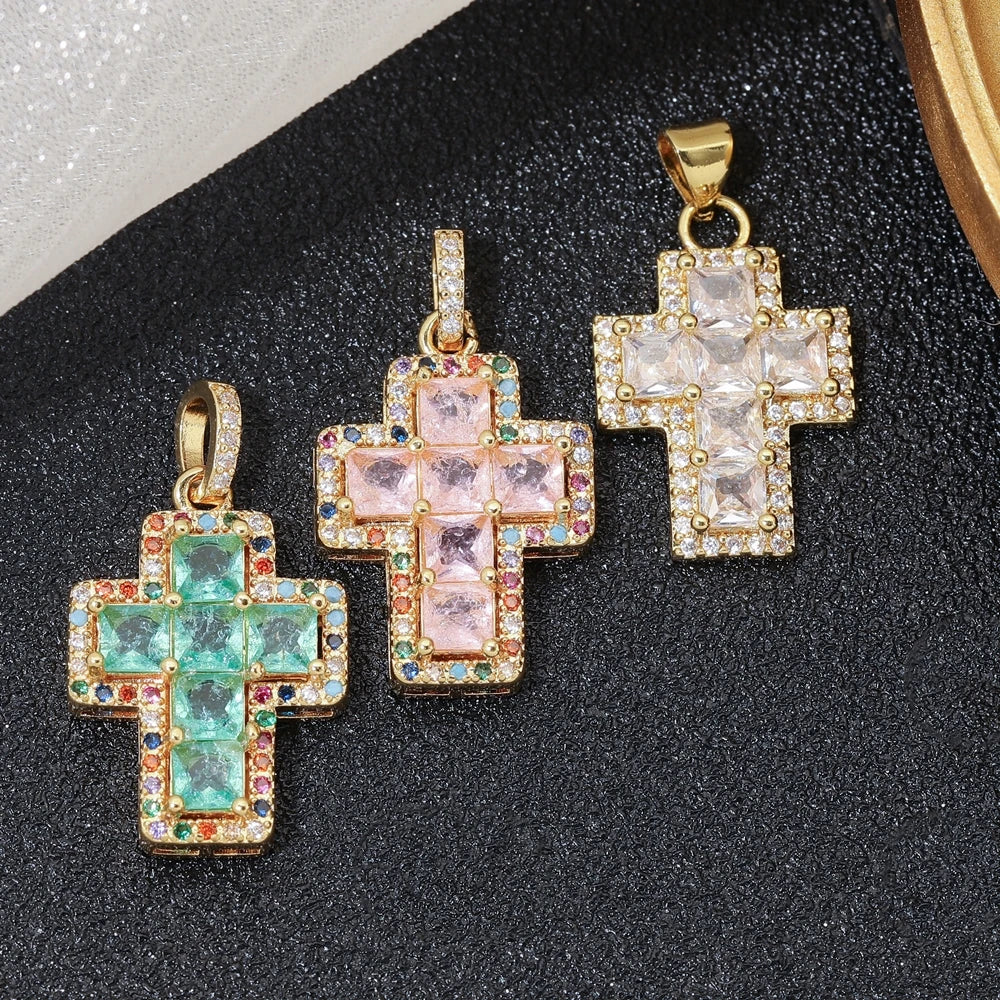 Juya DIY Religious Jewelry Supplies Handmade Colorful Cubic Zirconia 18K Real Gold Plated Saint Christian Cross Charms Wholesale