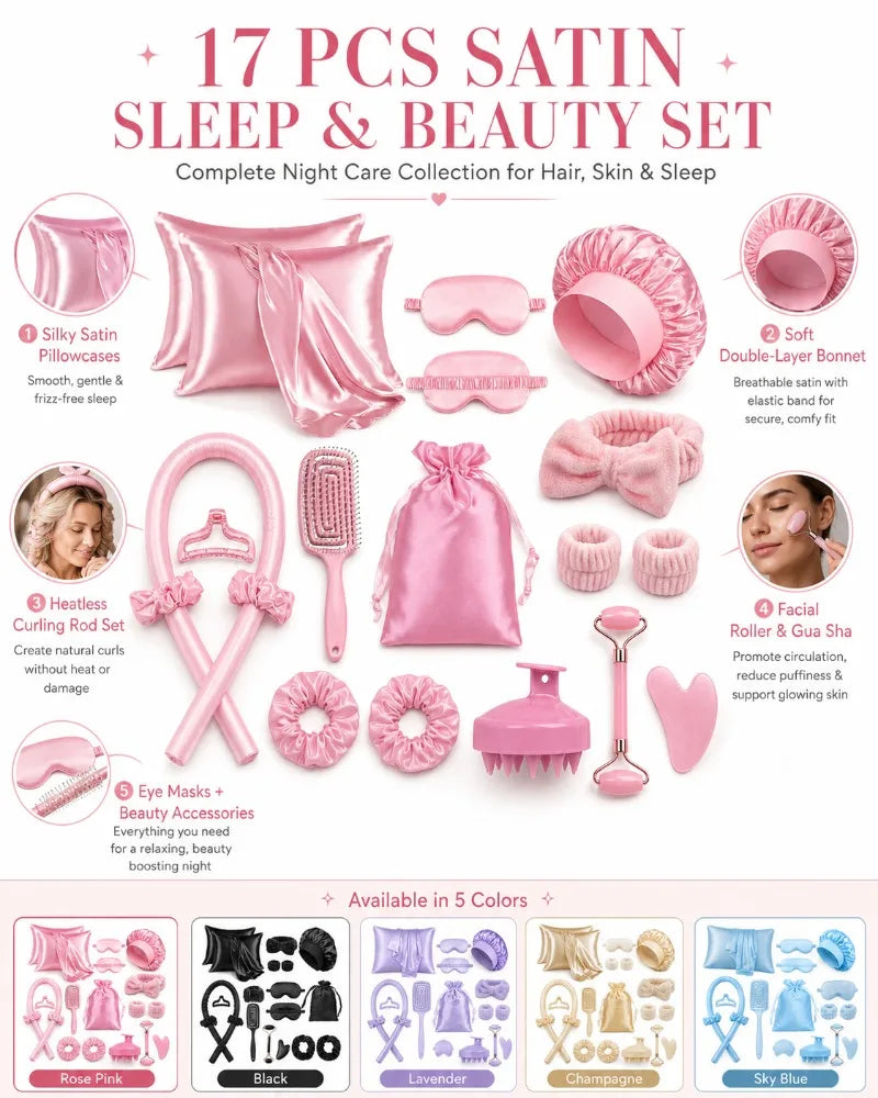 17Pcs Satin Sleep Beauty Set Silk Pillowcase Bonnet Eye Mask Heatless Curling Rod Facial Roller Gua Sha Hair Care Kit