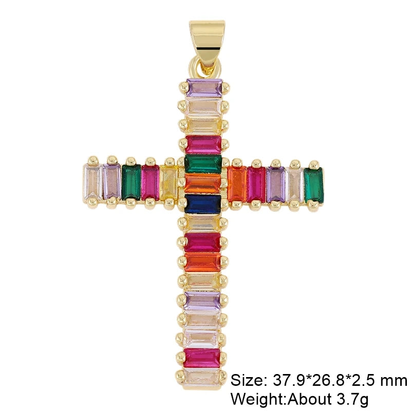Juya DIY Religious Jewelry Supplies Handmade Colorful Cubic Zirconia 18K Real Gold Plated Saint Christian Cross Charms Wholesale