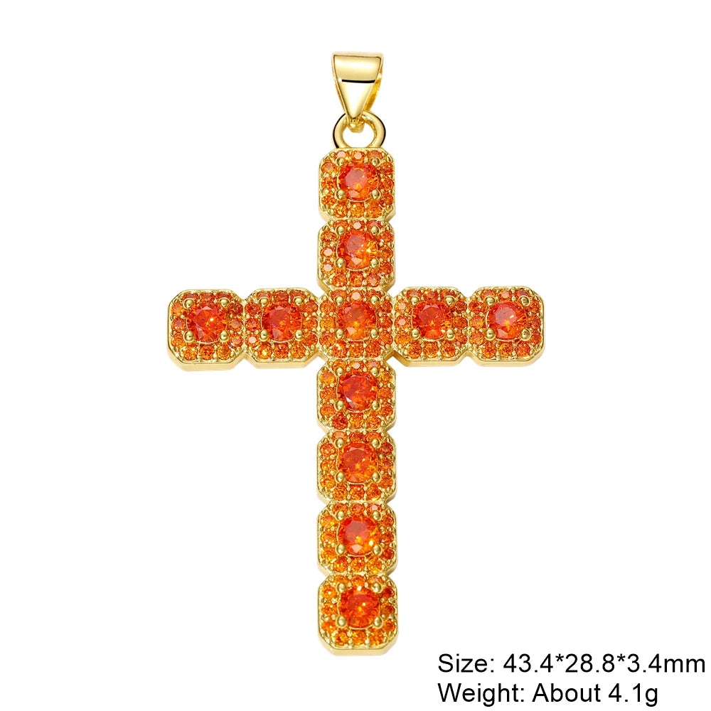 Juya DIY Religious Jewelry Supplies Handmade Colorful Cubic Zirconia 18K Real Gold Plated Saint Christian Cross Charms Wholesale