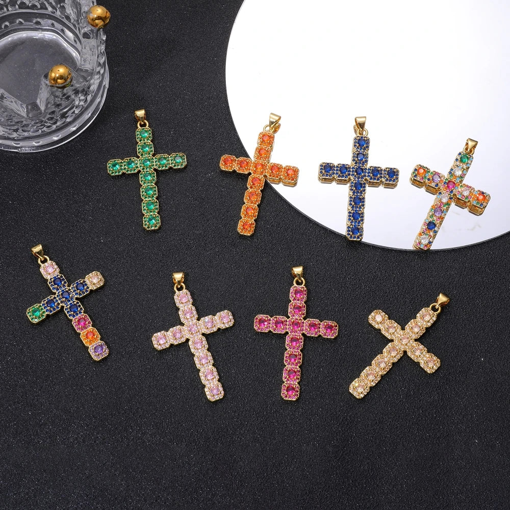 Juya DIY Religious Jewelry Supplies Handmade Colorful Cubic Zirconia 18K Real Gold Plated Saint Christian Cross Charms Wholesale