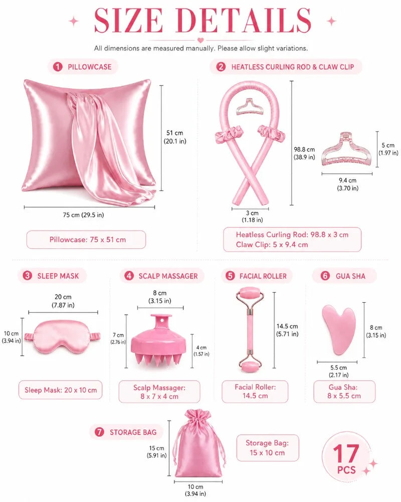 17Pcs Satin Sleep Beauty Set Silk Pillowcase Bonnet Eye Mask Heatless Curling Rod Facial Roller Gua Sha Hair Care Kit