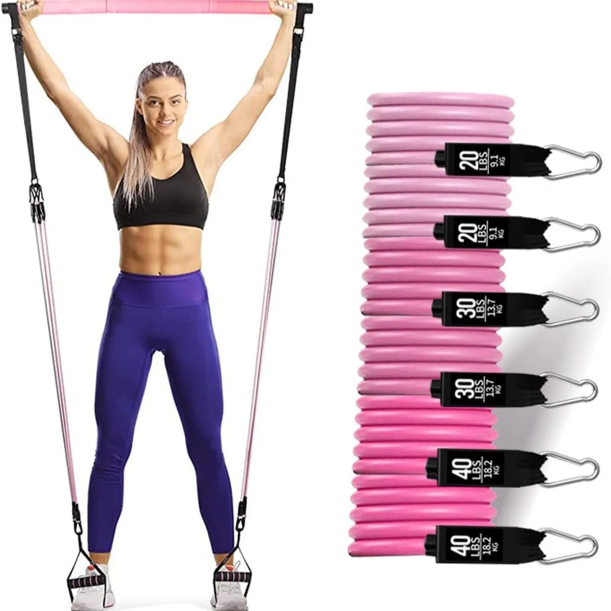 180lbs Resistance Bands with Adjustable Pilates Bar, Portable Home Gym Set for Full Body Strength & Pilates Workout