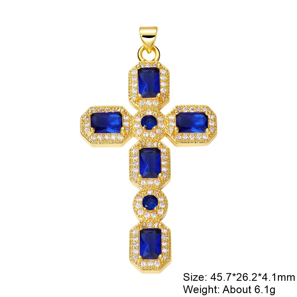 Juya DIY Religious Jewelry Supplies Handmade Colorful Cubic Zirconia 18K Real Gold Plated Saint Christian Cross Charms Wholesale