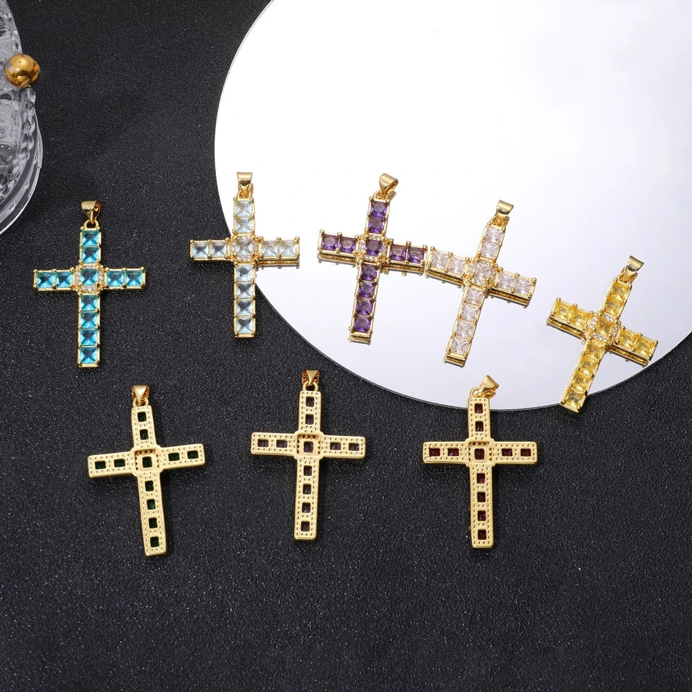 Juya DIY Religious Jewelry Supplies Handmade Colorful Cubic Zirconia 18K Real Gold Plated Saint Christian Cross Charms Wholesale
