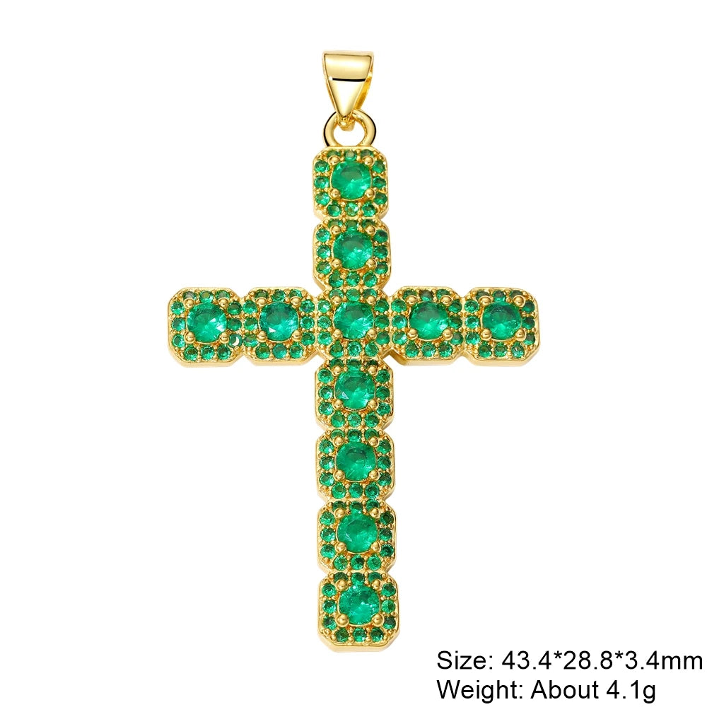 Juya DIY Religious Jewelry Supplies Handmade Colorful Cubic Zirconia 18K Real Gold Plated Saint Christian Cross Charms Wholesale