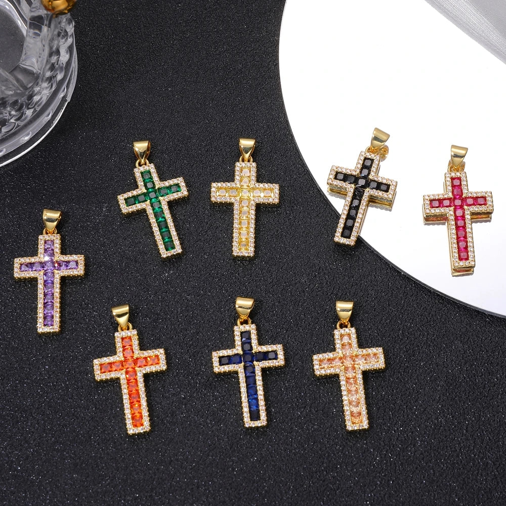 Juya DIY Religious Jewelry Supplies Handmade Colorful Cubic Zirconia 18K Real Gold Plated Saint Christian Cross Charms Wholesale
