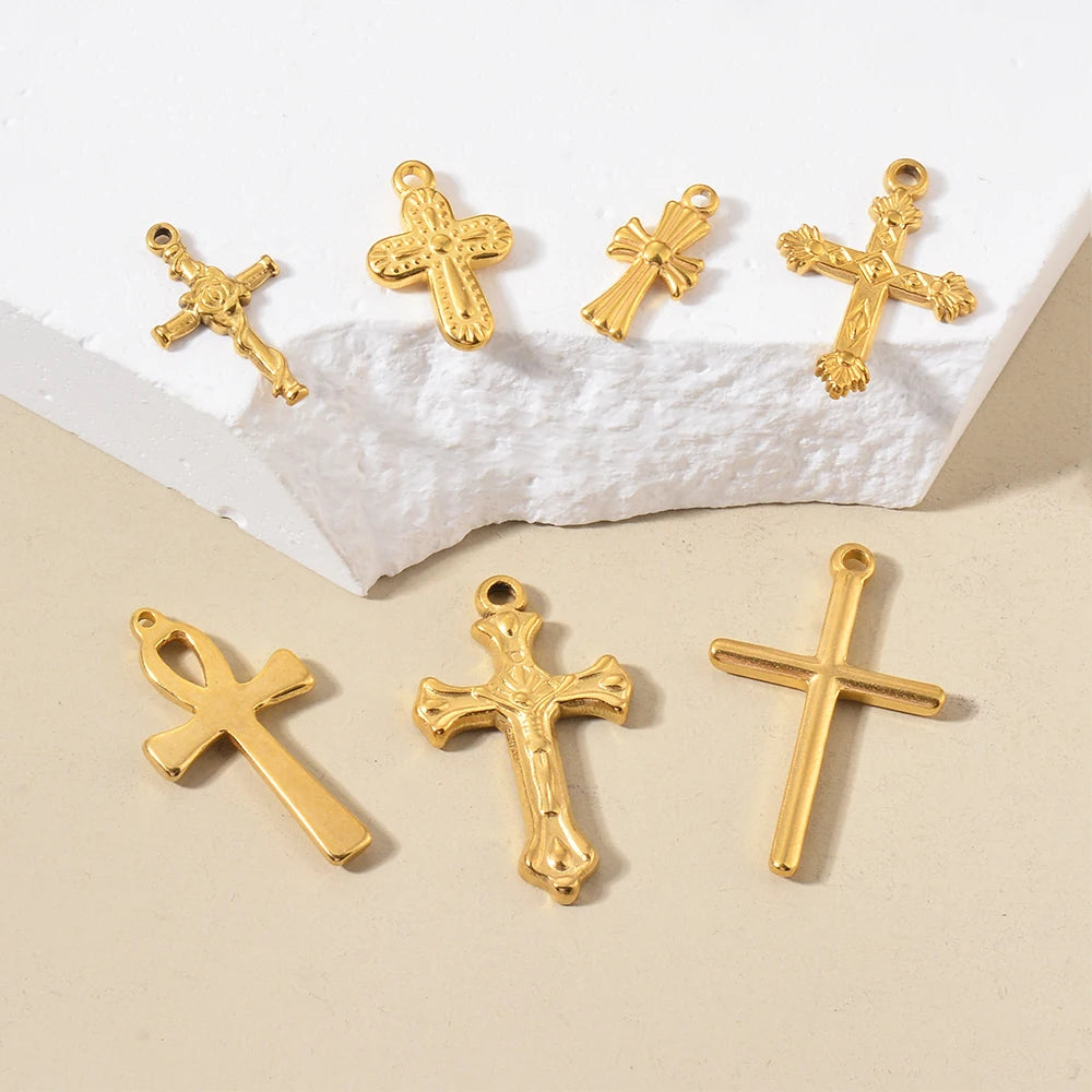 5pcs Gold Color Cross Charm Religious Jesus Pendant for DIY Earring Necklace Jewelry Making Supplies Wholesale