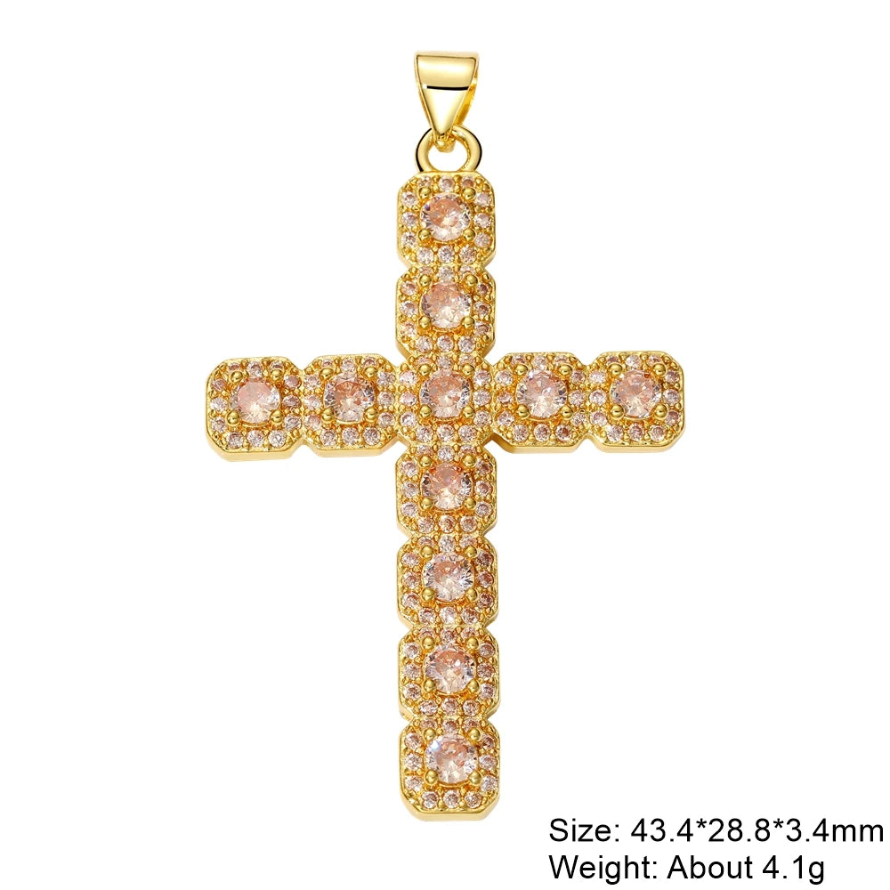 Juya DIY Religious Jewelry Supplies Handmade Colorful Cubic Zirconia 18K Real Gold Plated Saint Christian Cross Charms Wholesale