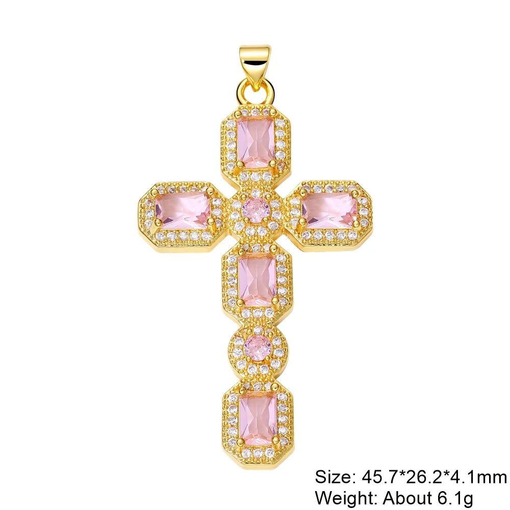 Juya DIY Religious Jewelry Supplies Handmade Colorful Cubic Zirconia 18K Real Gold Plated Saint Christian Cross Charms Wholesale