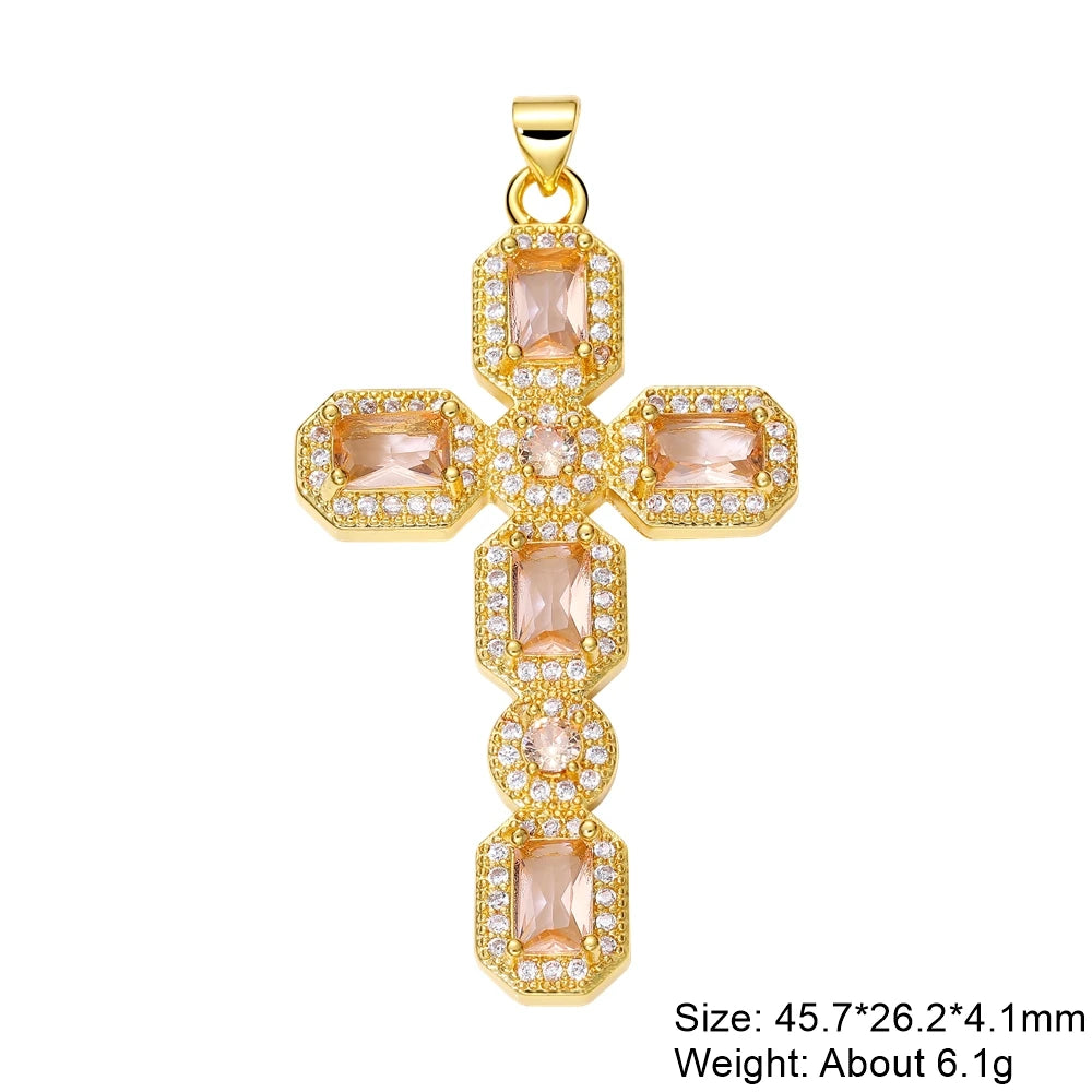 Juya DIY Religious Jewelry Supplies Handmade Colorful Cubic Zirconia 18K Real Gold Plated Saint Christian Cross Charms Wholesale