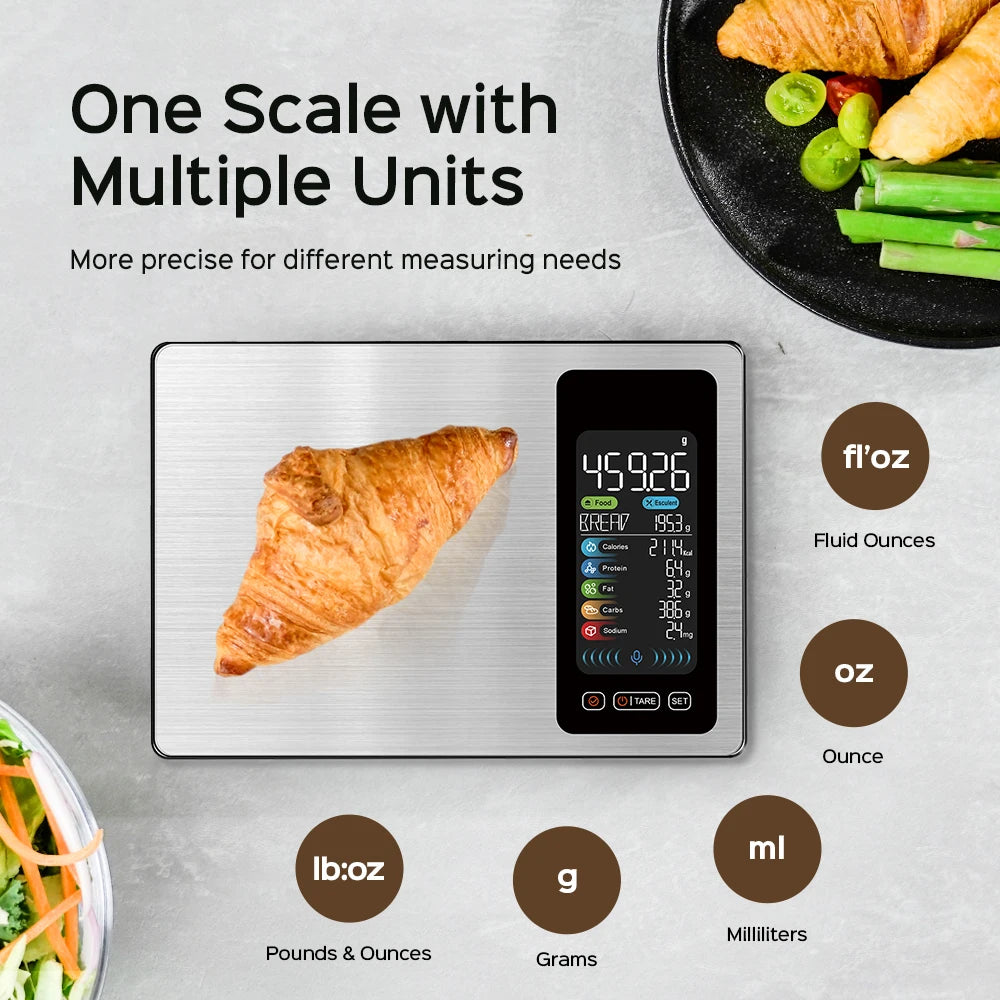 New AI Digital Smart Kitchen Scale 5kg/11lb USB Charge Stainless Steel Food Nutritional Calories Scale Voice Recognition Food