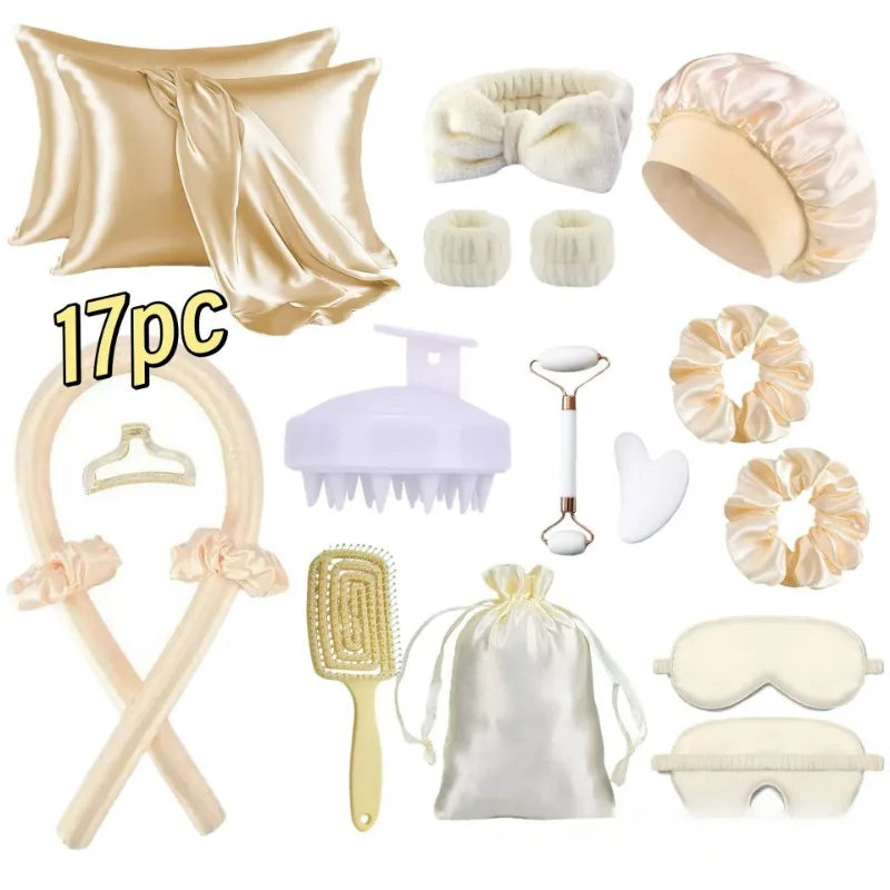 17Pcs Satin Sleep Beauty Set Silk Pillowcase Bonnet Eye Mask Heatless Curling Rod Facial Roller Gua Sha Hair Care Kit