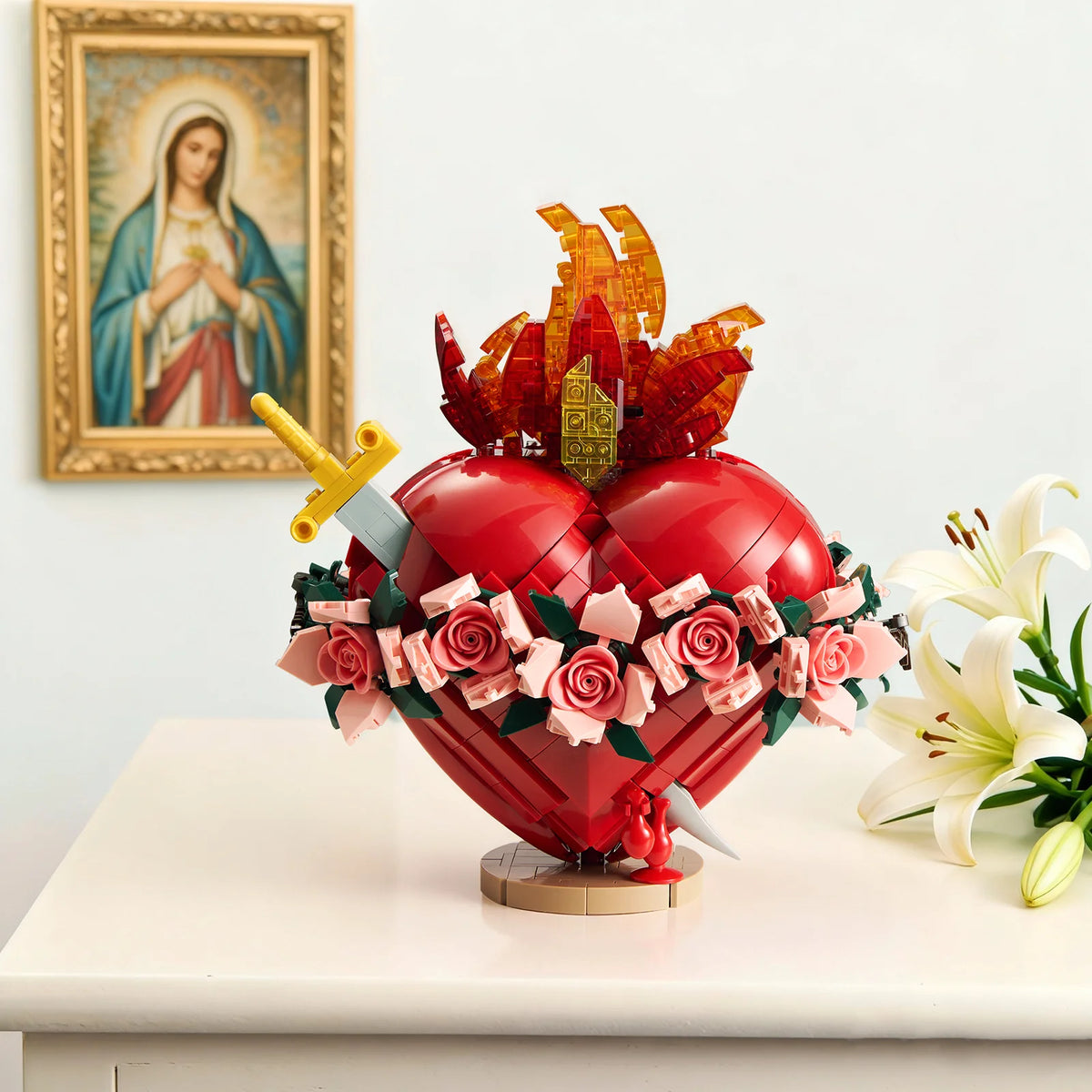 Sacred Heart of Mary Building Blocks Set LED Light Jesus Figure Prayer Room Christian Home Decor Ornament Collectible Adult Gift