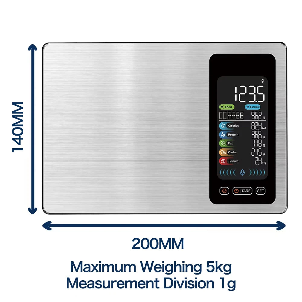 New AI Digital Smart Kitchen Scale 5kg/11lb USB Charge Stainless Steel Food Nutritional Calories Scale Voice Recognition Food