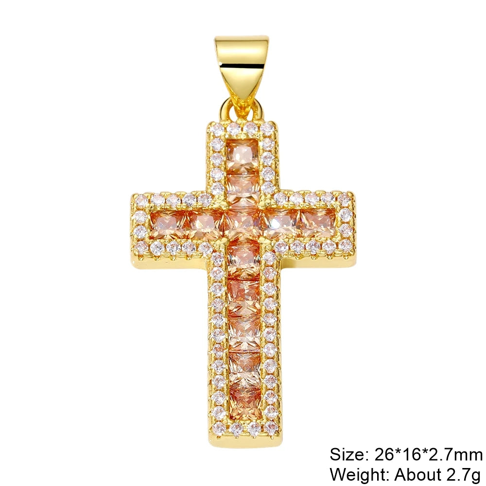 Juya DIY Religious Jewelry Supplies Handmade Colorful Cubic Zirconia 18K Real Gold Plated Saint Christian Cross Charms Wholesale