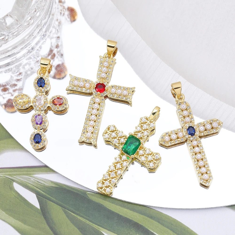 Juya DIY Religious Jewelry Supplies Handmade Colorful Cubic Zirconia 18K Real Gold Plated Saint Christian Cross Charms Wholesale