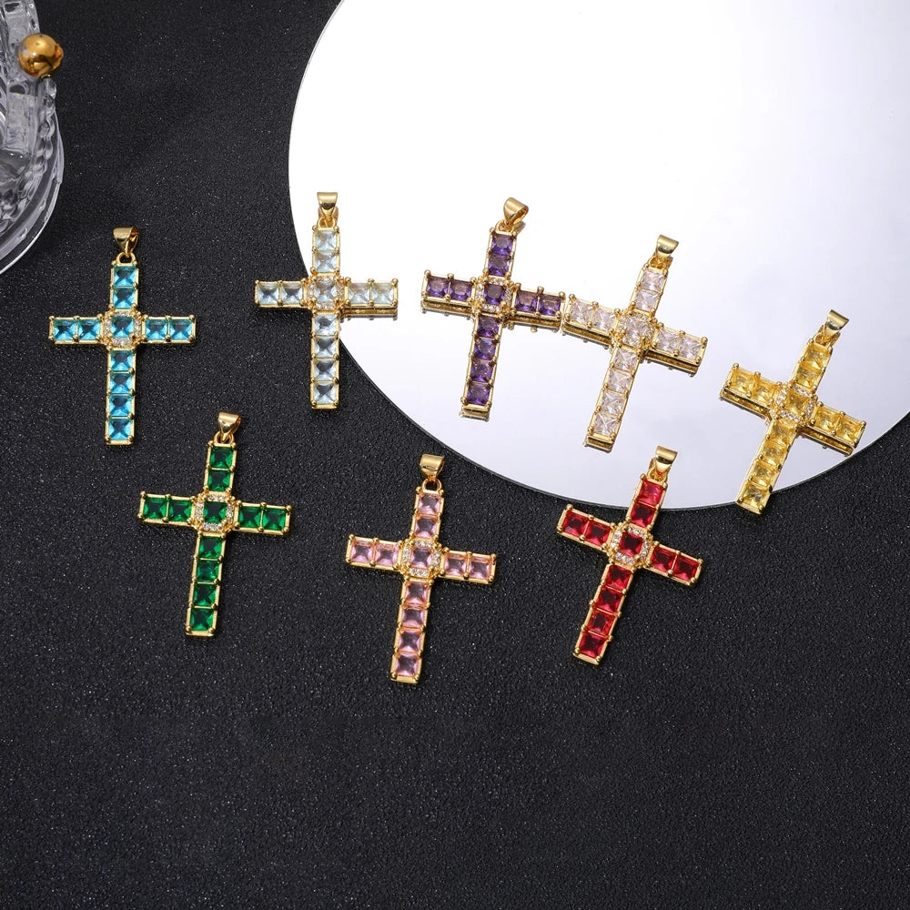 Juya DIY Religious Jewelry Supplies Handmade Colorful Cubic Zirconia 18K Real Gold Plated Saint Christian Cross Charms Wholesale