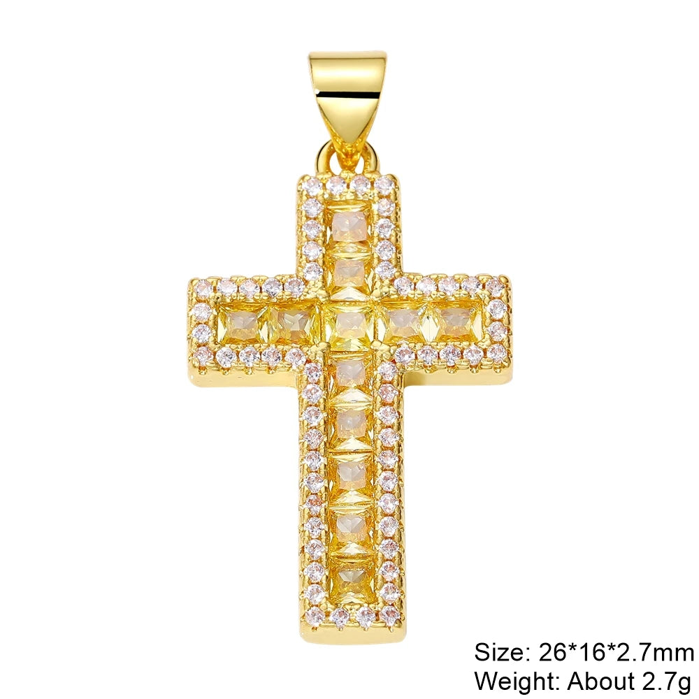 Juya DIY Religious Jewelry Supplies Handmade Colorful Cubic Zirconia 18K Real Gold Plated Saint Christian Cross Charms Wholesale