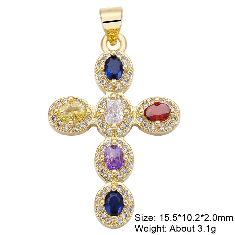 Juya DIY Religious Jewelry Supplies Handmade Colorful Cubic Zirconia 18K Real Gold Plated Saint Christian Cross Charms Wholesale