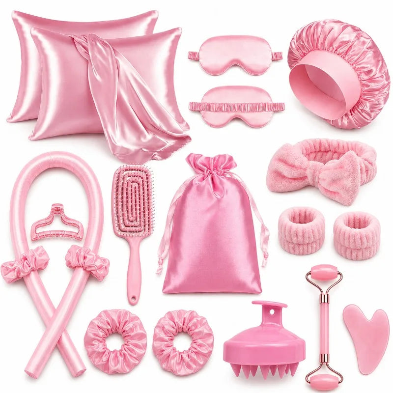17Pcs Satin Sleep Beauty Set Silk Pillowcase Bonnet Eye Mask Heatless Curling Rod Facial Roller Gua Sha Hair Care Kit