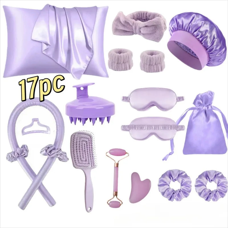 17Pcs Satin Sleep Beauty Set Silk Pillowcase Bonnet Eye Mask Heatless Curling Rod Facial Roller Gua Sha Hair Care Kit