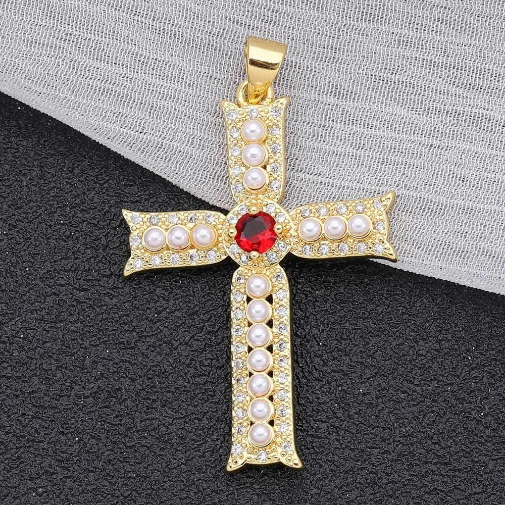Juya DIY Religious Jewelry Supplies Handmade Colorful Cubic Zirconia 18K Real Gold Plated Saint Christian Cross Charms Wholesale