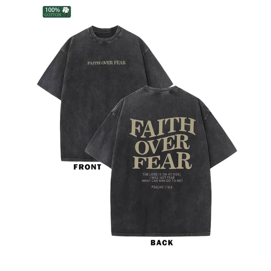Christian Jesus Faith Over Fear Bible Verse Washed T-shirts Men Women Fashion Vintage Oversized T Shirts Harajuku Cotton T-shirt