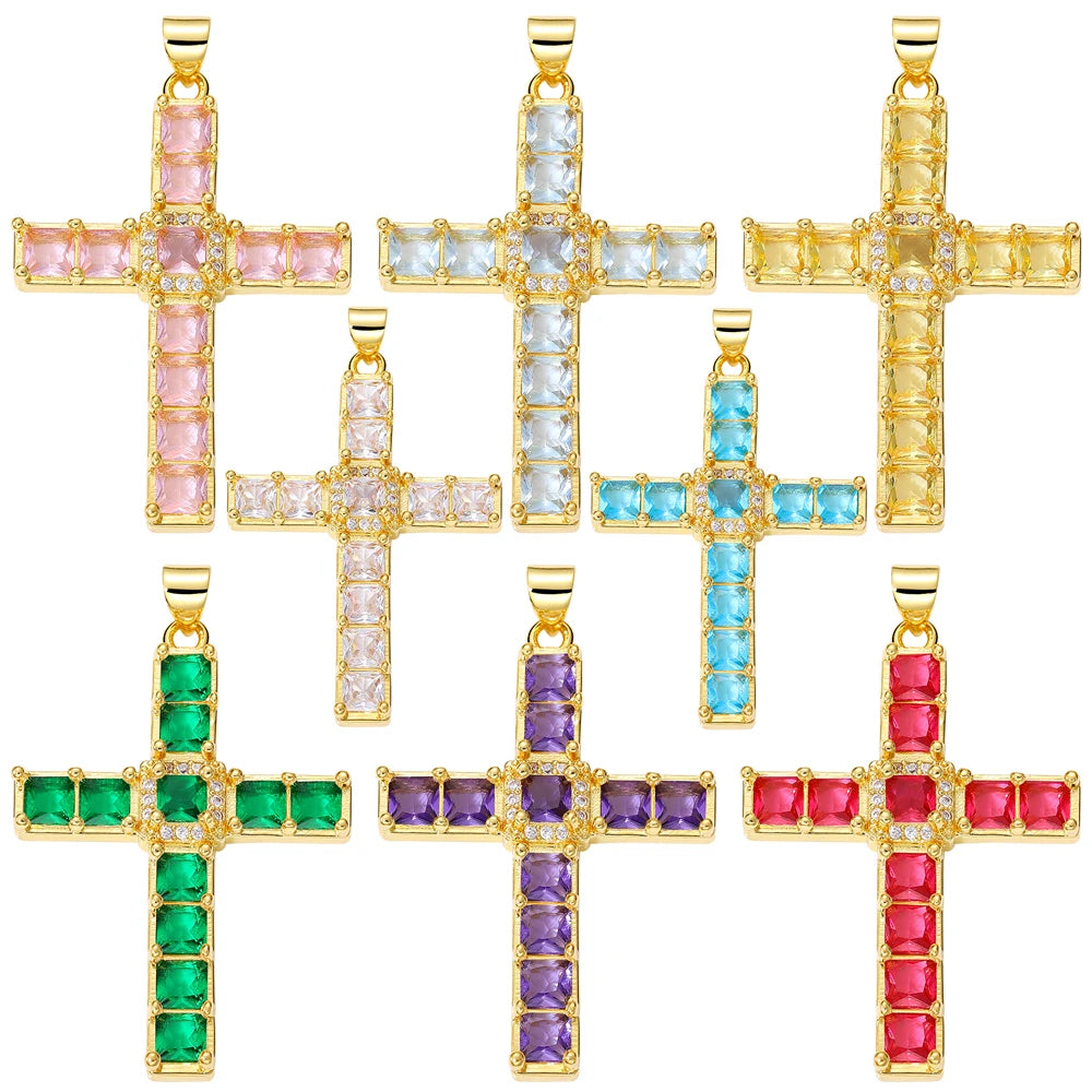 Juya DIY Religious Jewelry Supplies Handmade Colorful Cubic Zirconia 18K Real Gold Plated Saint Christian Cross Charms Wholesale
