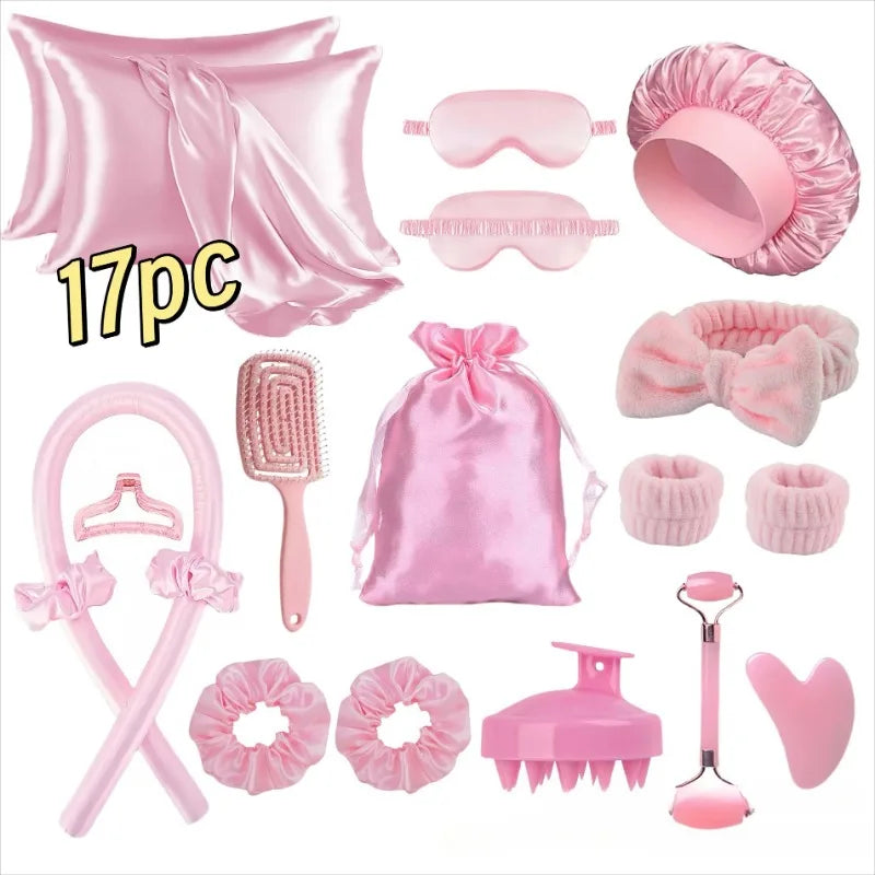 17Pcs Satin Sleep Beauty Set Silk Pillowcase Bonnet Eye Mask Heatless Curling Rod Facial Roller Gua Sha Hair Care Kit