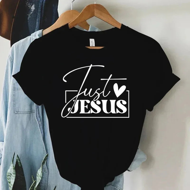 Just Love Jesus Print Women T-Shirts Christian Jesus Letter Shirt Harajuku Graphic Tops Female Summer Religious Christian Tshirt