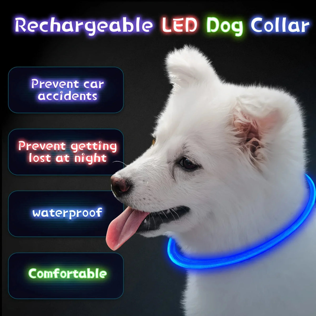 USB Rechargeable Fiber Optic Collar Pet Dog LED Light Collar Luminous Anti-Lost Dog Collar USB Rechargeable Dog Necklace Collar
