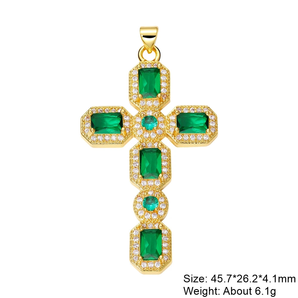 Juya DIY Religious Jewelry Supplies Handmade Colorful Cubic Zirconia 18K Real Gold Plated Saint Christian Cross Charms Wholesale