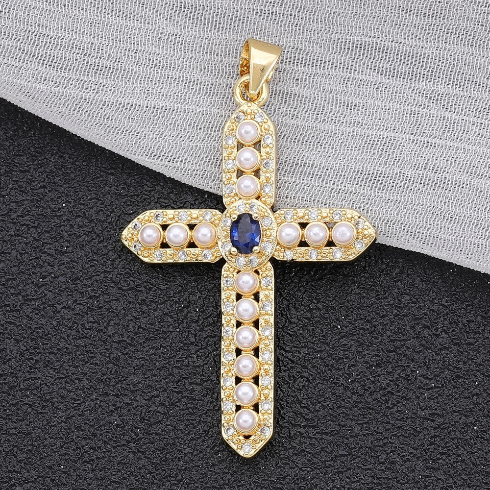 Juya DIY Religious Jewelry Supplies Handmade Colorful Cubic Zirconia 18K Real Gold Plated Saint Christian Cross Charms Wholesale