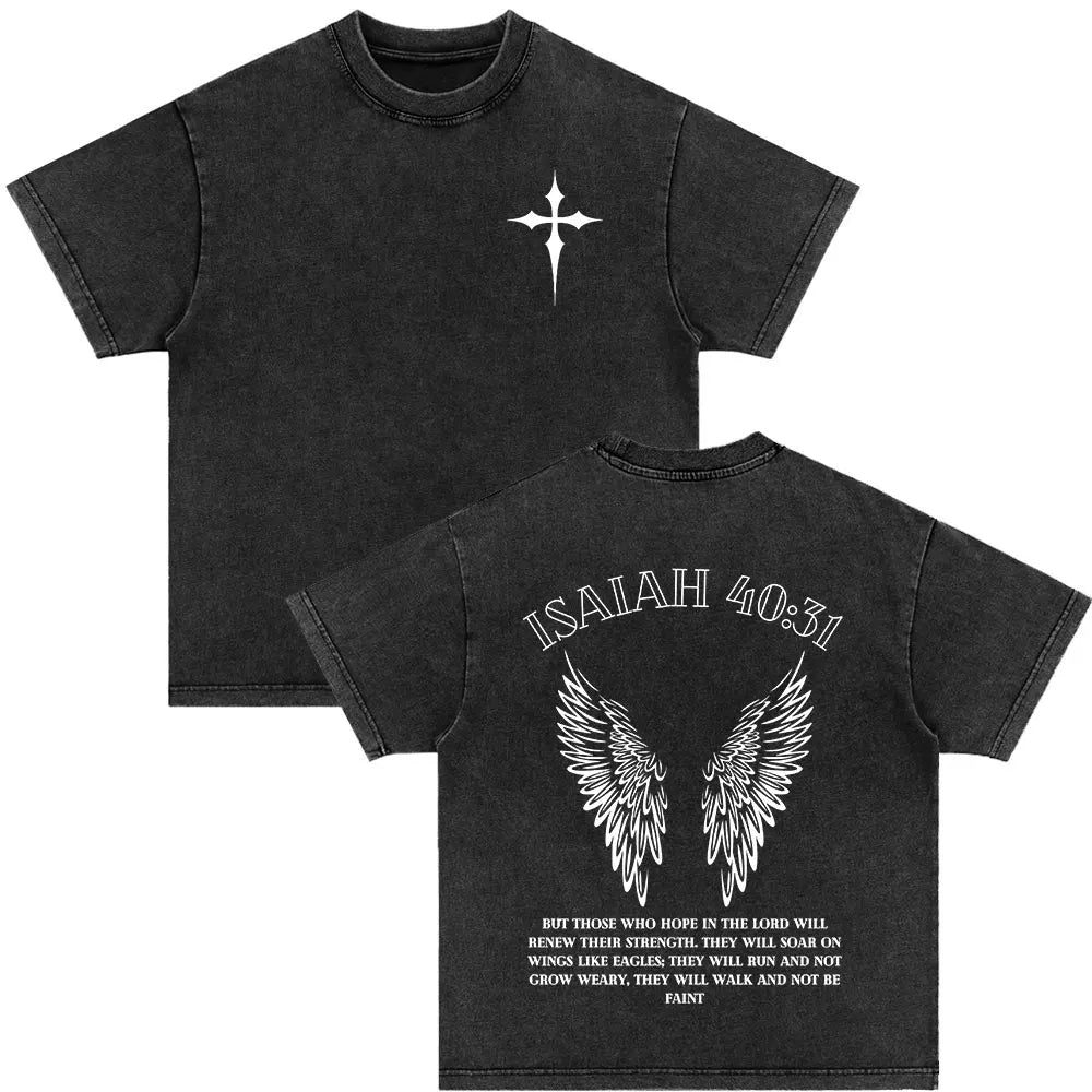 Christian Strength in Jesus Bible Verse Vintage Washed T-shirts Men Women Fashion Harajuku Oversized T Shirt 100% Cotton T-shirt