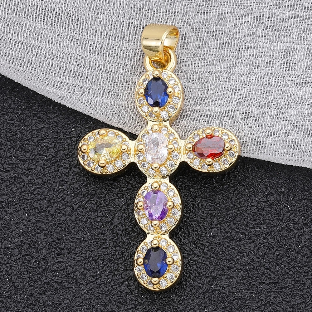 Juya DIY Religious Jewelry Supplies Handmade Colorful Cubic Zirconia 18K Real Gold Plated Saint Christian Cross Charms Wholesale