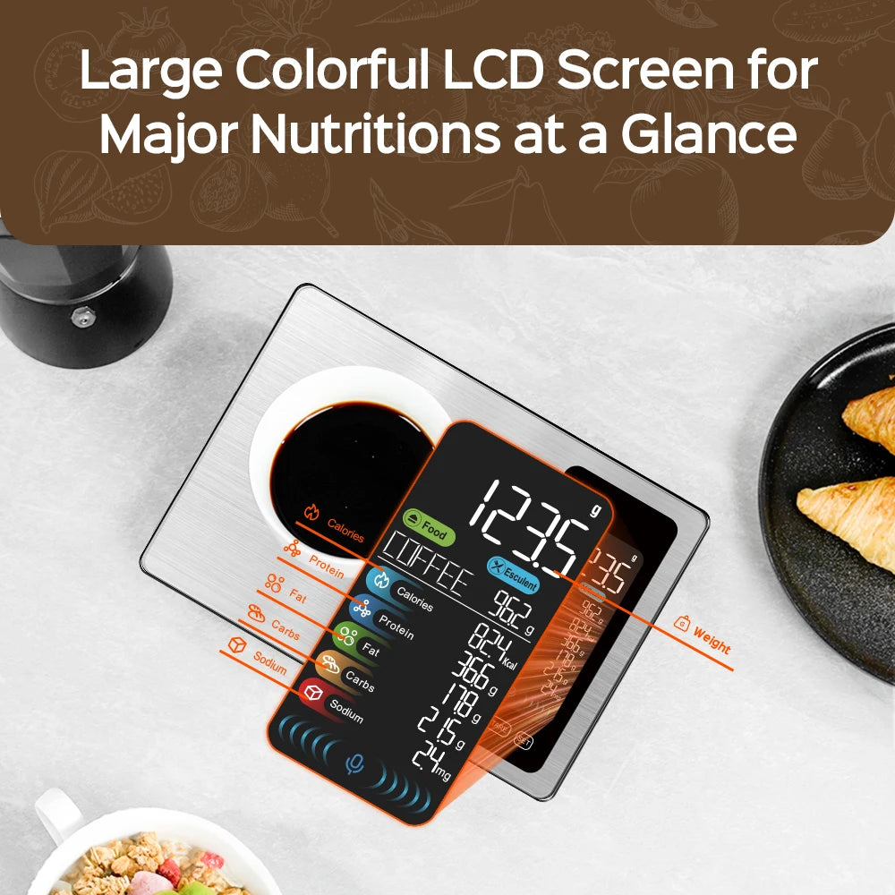 New AI Digital Smart Kitchen Scale 5kg/11lb USB Charge Stainless Steel Food Nutritional Calories Scale Voice Recognition Food
