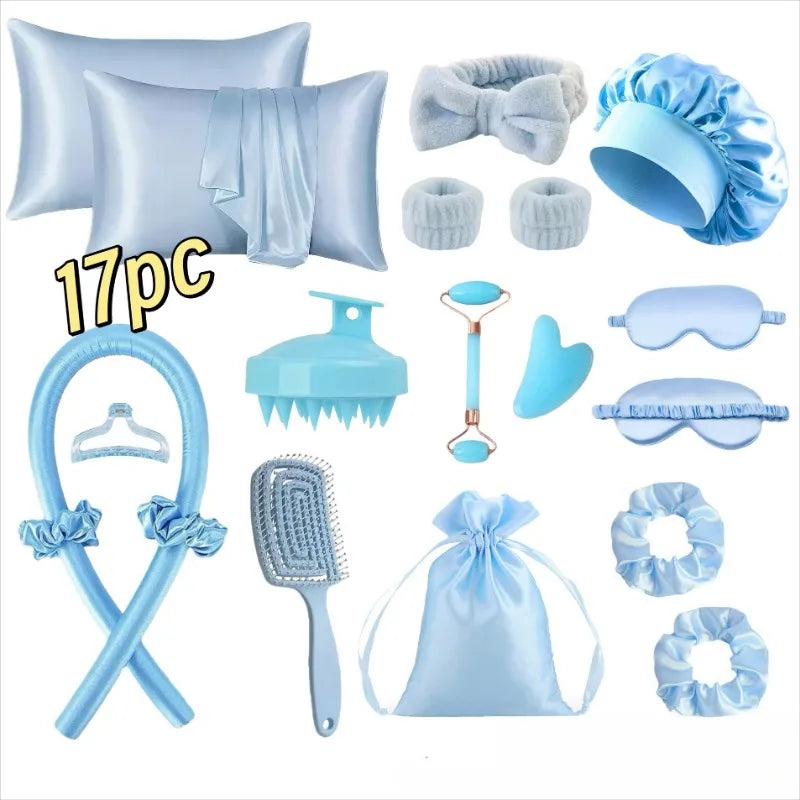 17Pcs Satin Sleep Beauty Set Silk Pillowcase Bonnet Eye Mask Heatless Curling Rod Facial Roller Gua Sha Hair Care Kit