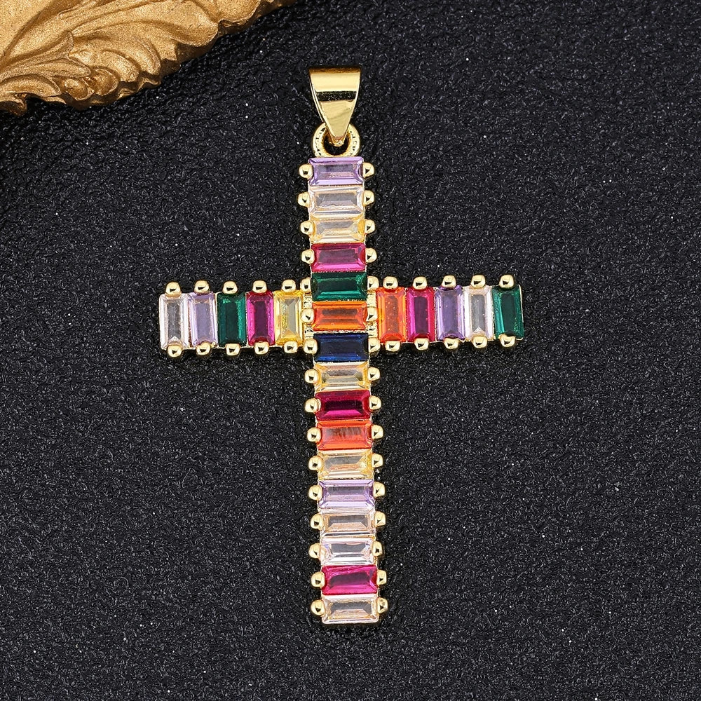 Juya DIY Religious Jewelry Supplies Handmade Colorful Cubic Zirconia 18K Real Gold Plated Saint Christian Cross Charms Wholesale