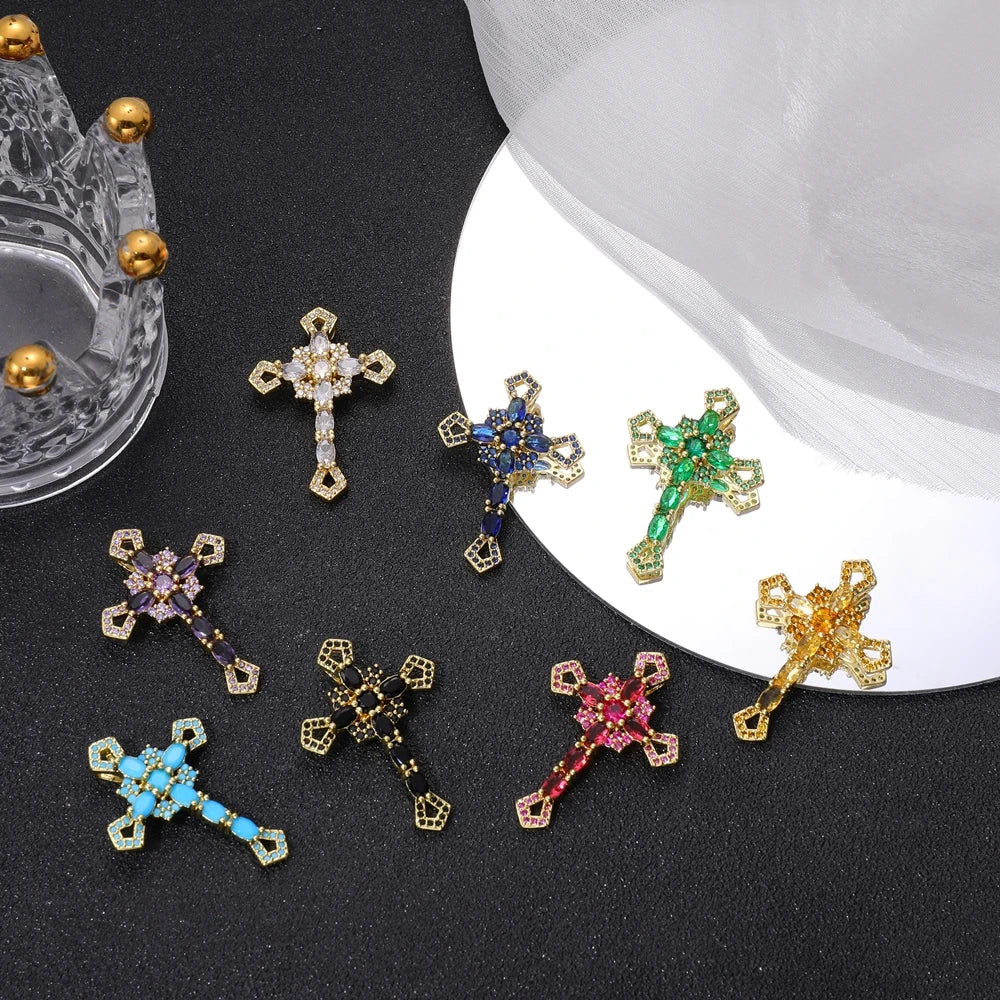 Juya DIY Religious Jewelry Supplies Handmade Colorful Cubic Zirconia 18K Real Gold Plated Saint Christian Cross Charms Wholesale