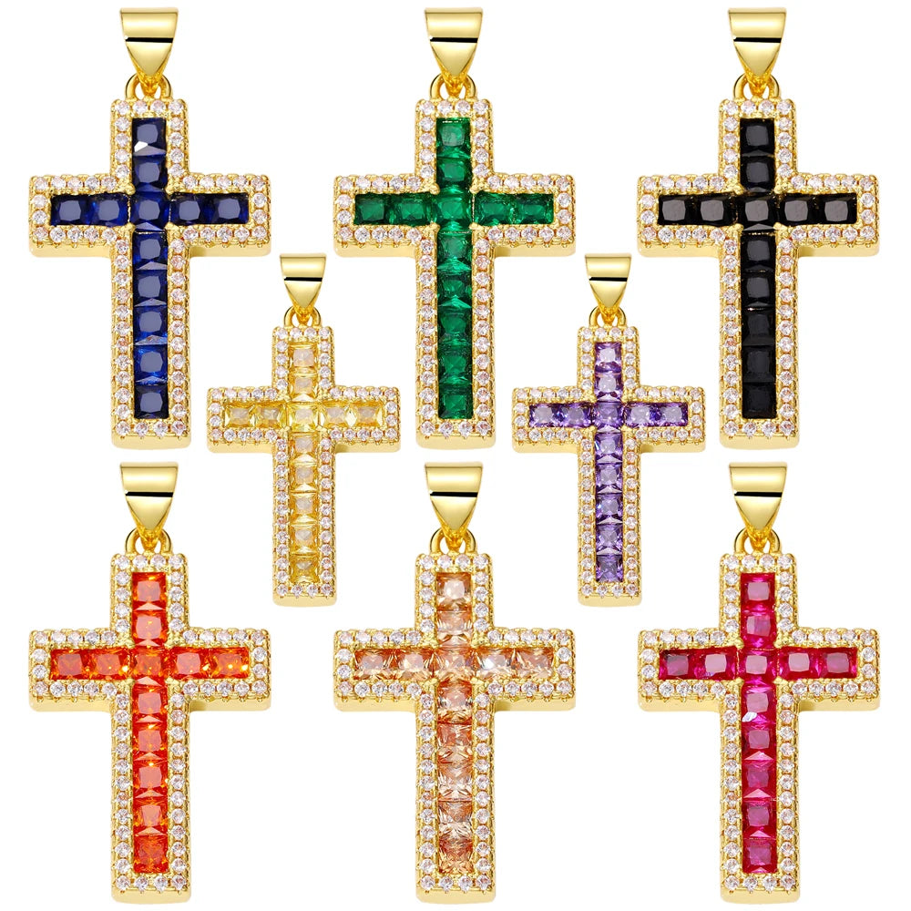 Juya DIY Religious Jewelry Supplies Handmade Colorful Cubic Zirconia 18K Real Gold Plated Saint Christian Cross Charms Wholesale