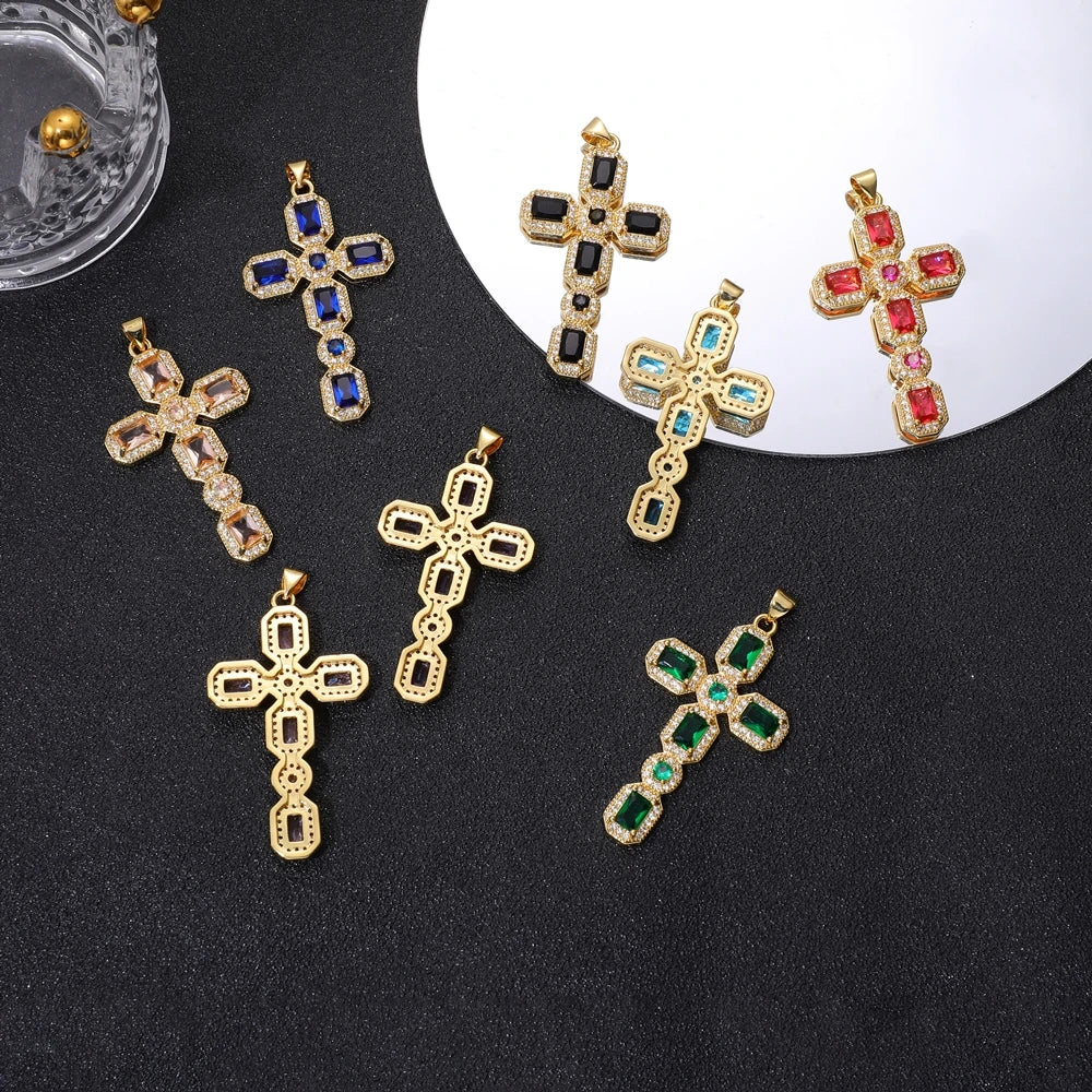 Juya DIY Religious Jewelry Supplies Handmade Colorful Cubic Zirconia 18K Real Gold Plated Saint Christian Cross Charms Wholesale
