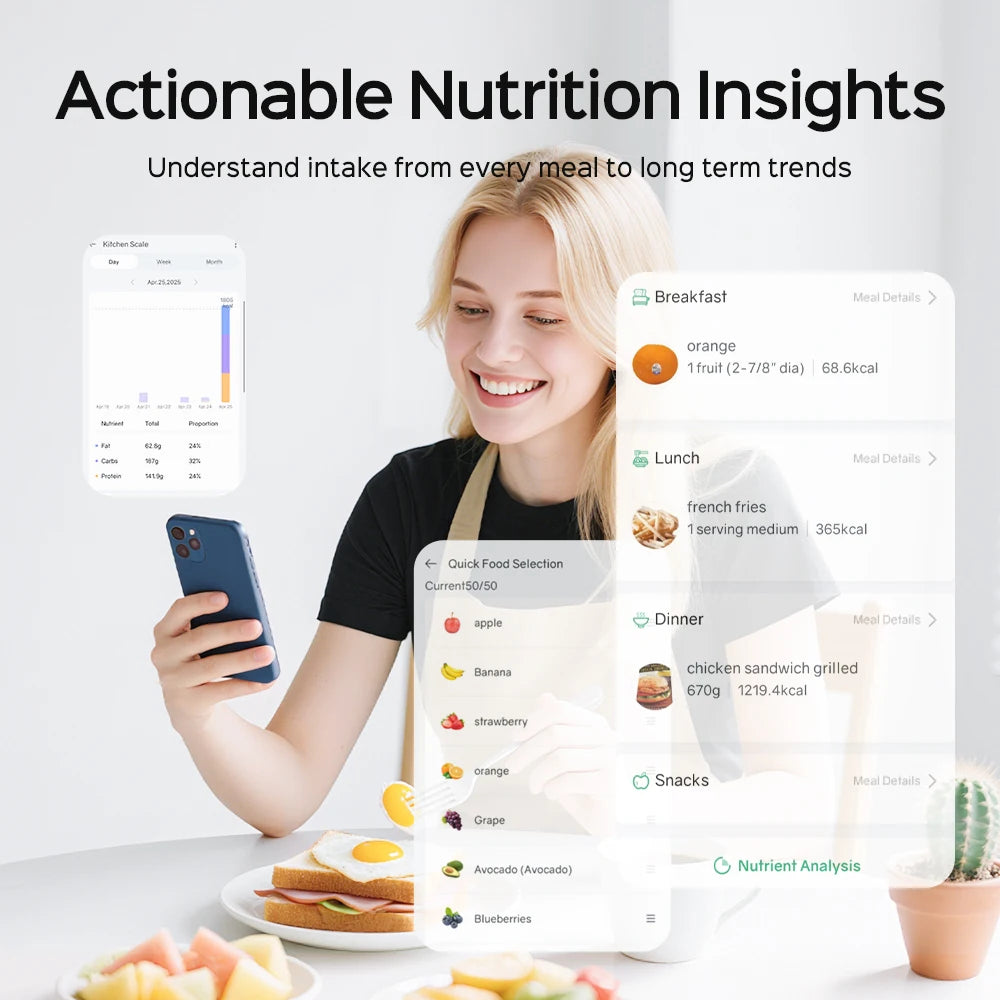 New AI Digital Smart Kitchen Scale 5kg/11lb USB Charge Stainless Steel Food Nutritional Calories Scale Voice Recognition Food