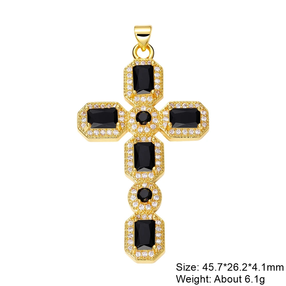 Juya DIY Religious Jewelry Supplies Handmade Colorful Cubic Zirconia 18K Real Gold Plated Saint Christian Cross Charms Wholesale