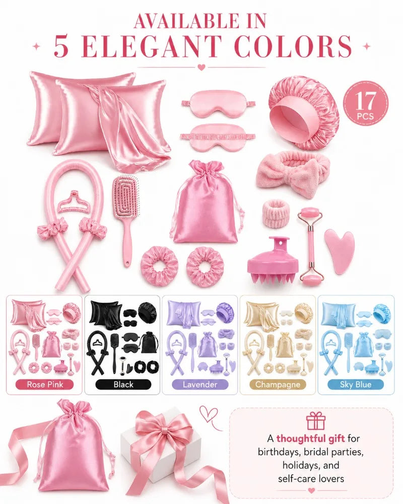 17Pcs Satin Sleep Beauty Set Silk Pillowcase Bonnet Eye Mask Heatless Curling Rod Facial Roller Gua Sha Hair Care Kit