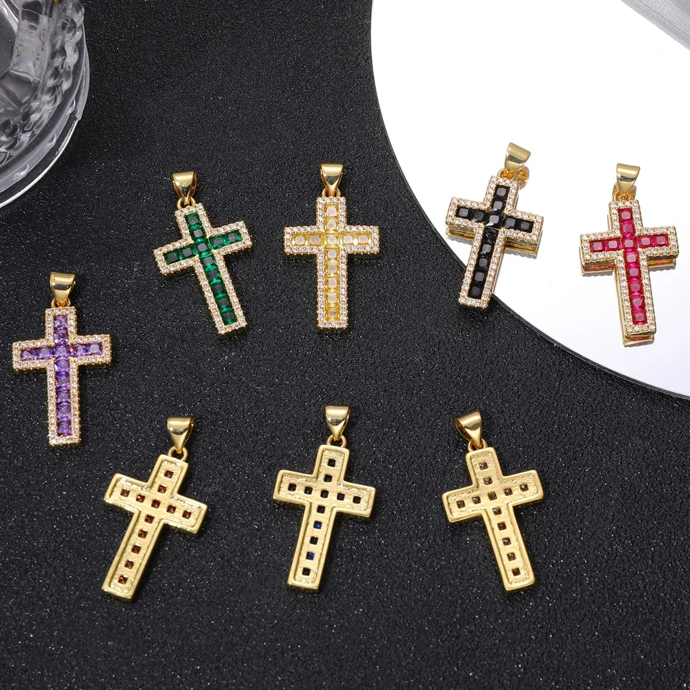 Juya DIY Religious Jewelry Supplies Handmade Colorful Cubic Zirconia 18K Real Gold Plated Saint Christian Cross Charms Wholesale